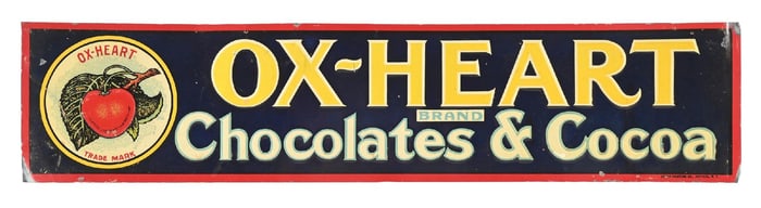 OX-HEART CHOCOLATES AND COCOA EMBOSSED TIN SIGN.