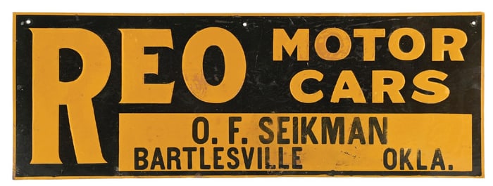 REO MOTOR CARS EMBOSSED TIN SIGN.