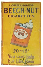 BEECH NUT CIGARETTES TIN SIGN W/ PACK GRAPHIC.