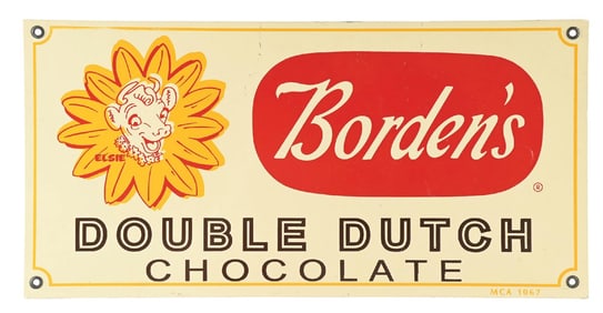BORDENS DOUBLE DUTCH CHOCOLATE TIN SIGN W/ ELSIE GRAPHIC.
