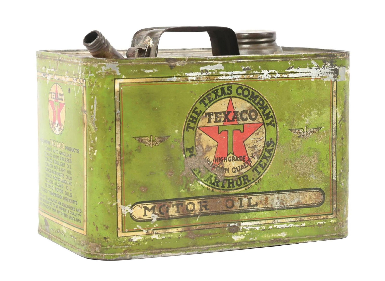 TEXACO MOTOR OIL 1 GALLON CAN.: One-Gallon Squatty Can. C. 1920s. CONDITION: Overall fair showing a large majority of original green paint throughout all sides. Moderate surface scratching and wear present on all sides as well as so