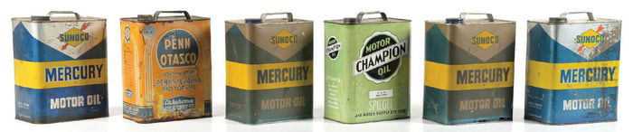 COLLECTION OF 6: TWO GALLON MOTOR OIL CANS.