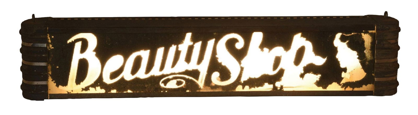 BEAUTY SHOP REVERSE PAINTED GLASS STORE DISPLAY ON ORIGINAL METAL CASING. (1 of 4)