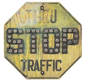 STOP THRU TRAFFIC WOOD SIGN W/ GLASS REFLECTORS.