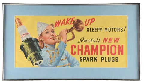 INSTALL NEW CHAMPION SPARK PLUGS FRAMED PAPER ADVERTISEMENT.