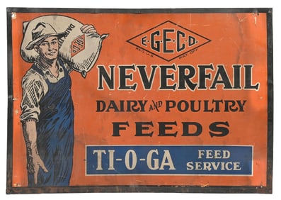 NEVERFAIL DAIRY & POULTRY FEEDS CARDSTOCK SIGN.