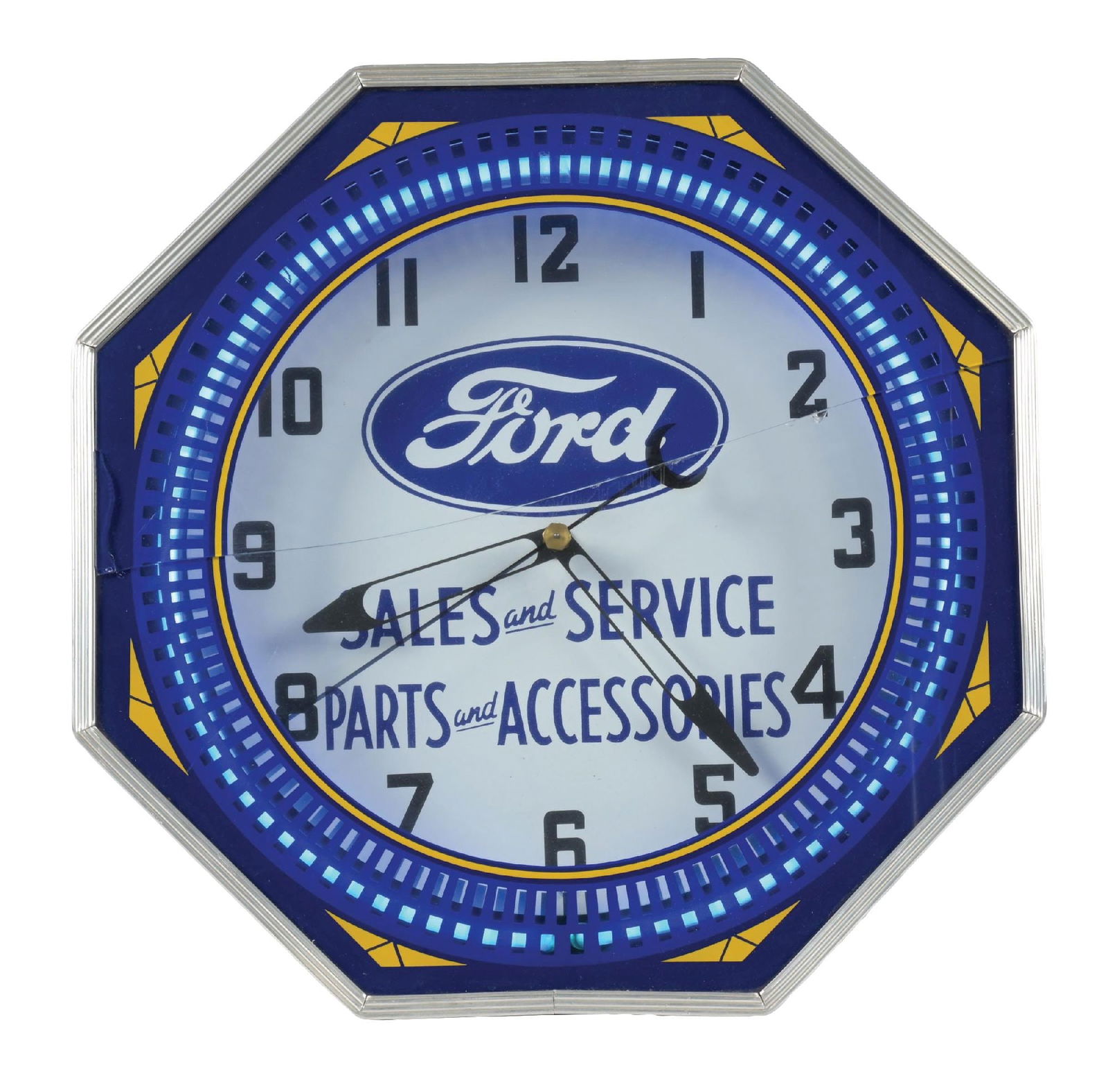 FORD SALES & SERVICE REPRODUCTION NEON CLOCK.: CONDITION: Clock is in working condition showing tin advertising face for Ford Sales and Service. Outer glass shows a crack across the face. Metal trim and can are in excellent like new condition. Thi