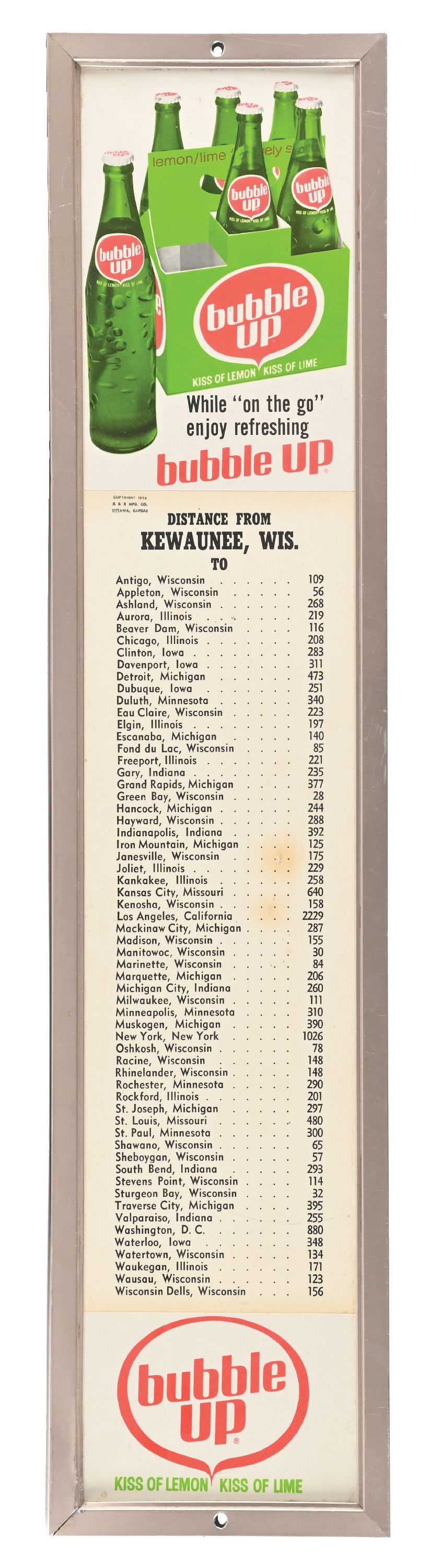 BUBBLE UP SODA POP DISTANCE FROM KEWAUNEE MILEAGE CHART.: Single Sided Masonite. Maker Marked A & R. C. 1950s. CONDITION: Overall bright & glossy with limited surface wear in the field showing some minor stains from age. Frame is in excellent condition and o