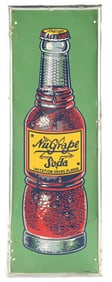 NUGRAPE SODA SELF FRAMED TIN SIGN W/ BOTTLE GRAPHIC.