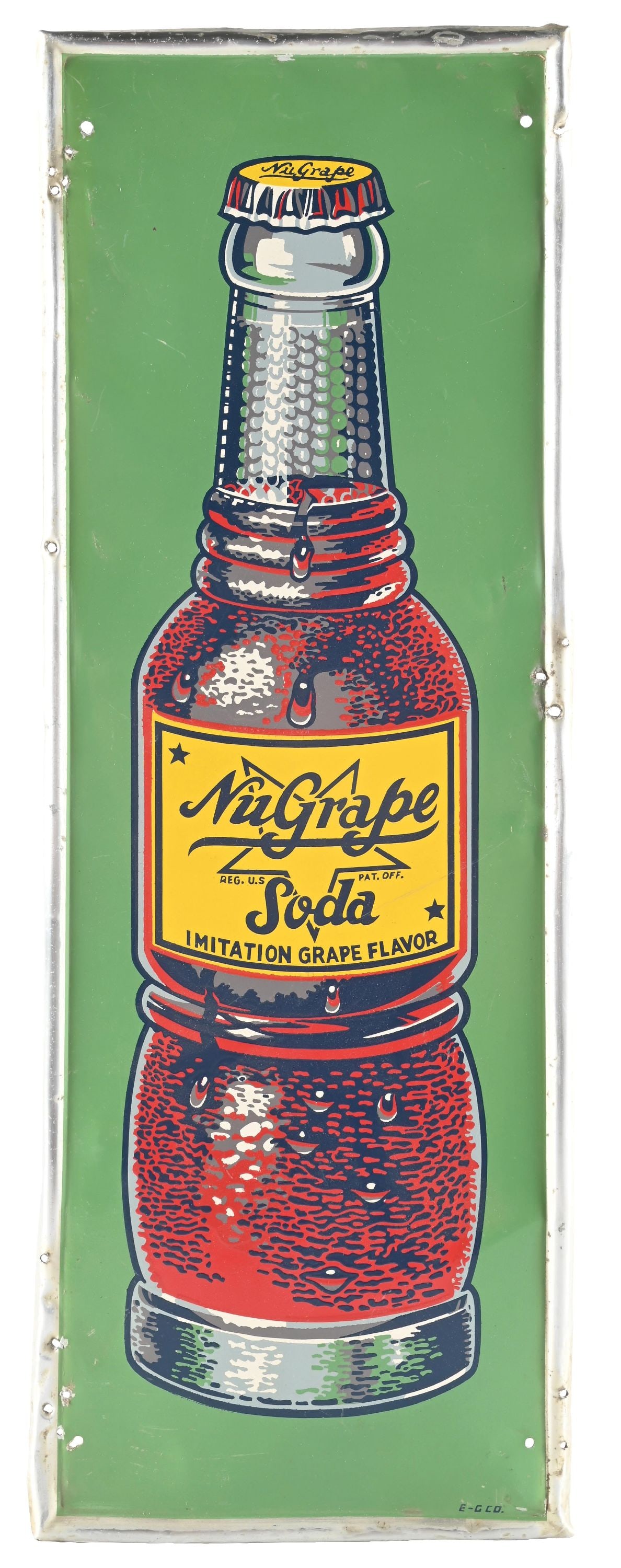 NUGRAPE SODA SELF FRAMED TIN SIGN W/ BOTTLE GRAPHIC. (1 of 3)