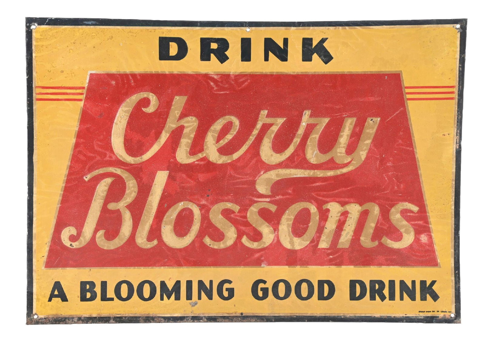 DRINK CHERRY BLOSSOMS EMBOSSED TIN SIGN.: SST. Maker Marked Stout Sign Co. C. 1940s. CONDITION: Fair color throughout with moderate to heavy paper staining in the gloss, some of which may improve with cleaning. Minor areas of wear at the moun