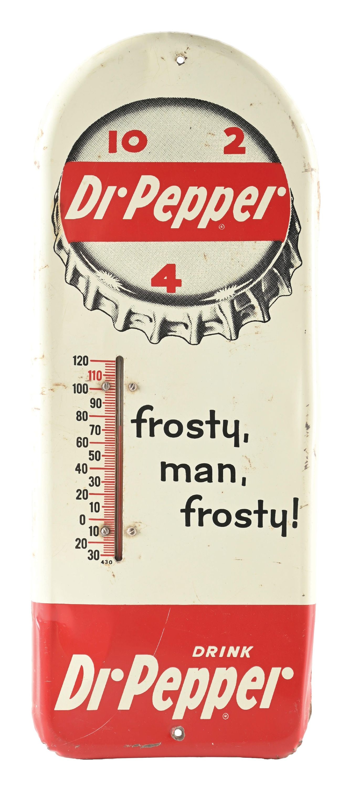 DR. PEPPER "FROSTY MAN FROSTY" TIN THERMOMETER. (1 of 2)