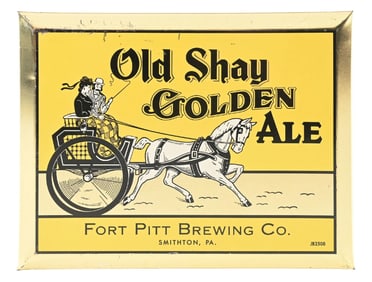 OLD SHAY GOLDEN ALE TIN OVER CARDBOARD EASEL BACK SIGN.