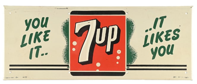 7UP "YOU LIKE IT IT LIKES YOU" EMBOSSED TIN SIGN.