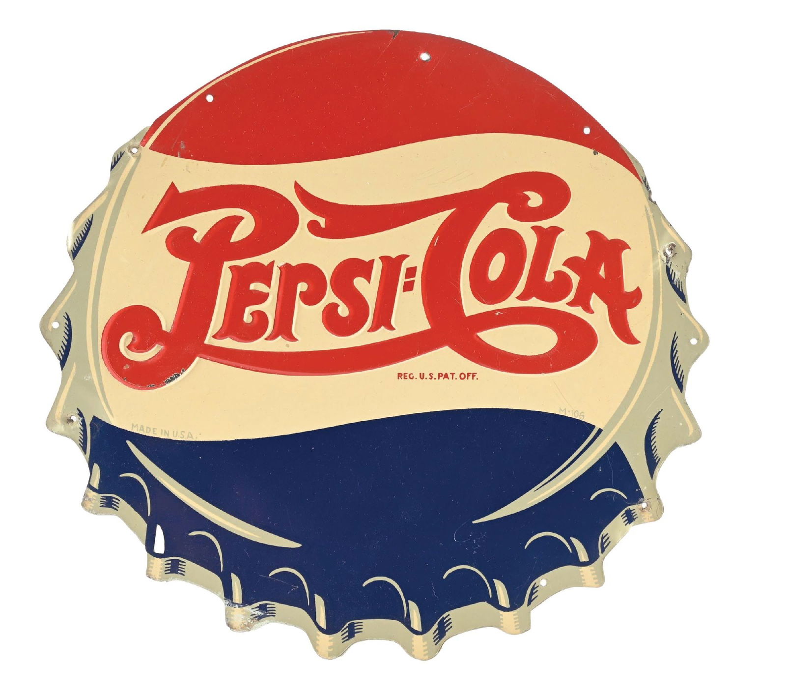 PEPSI COLA EMBOSSED TIN BOTTLE CAP SIGN. (1 of 2)