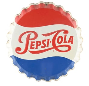 PEPSI COLA EMBOSSED TIN BOTTLE CAP SIGN.