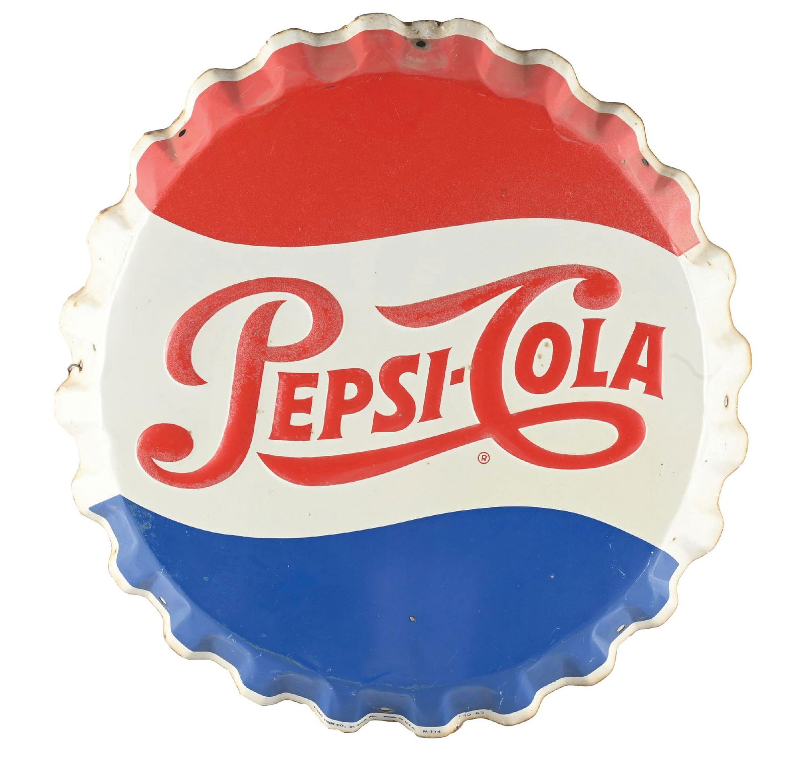 PEPSI COLA EMBOSSED TIN BOTTLE CAP SIGN. (1 of 3)