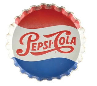PEPSI COLA EMBOSSED TIN BOTTLE CAP SIGN.