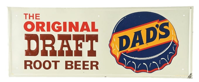 DADS ROOTBEER EMBOSSED TIN SIGN W/ BOTTLE GRAPHIC.