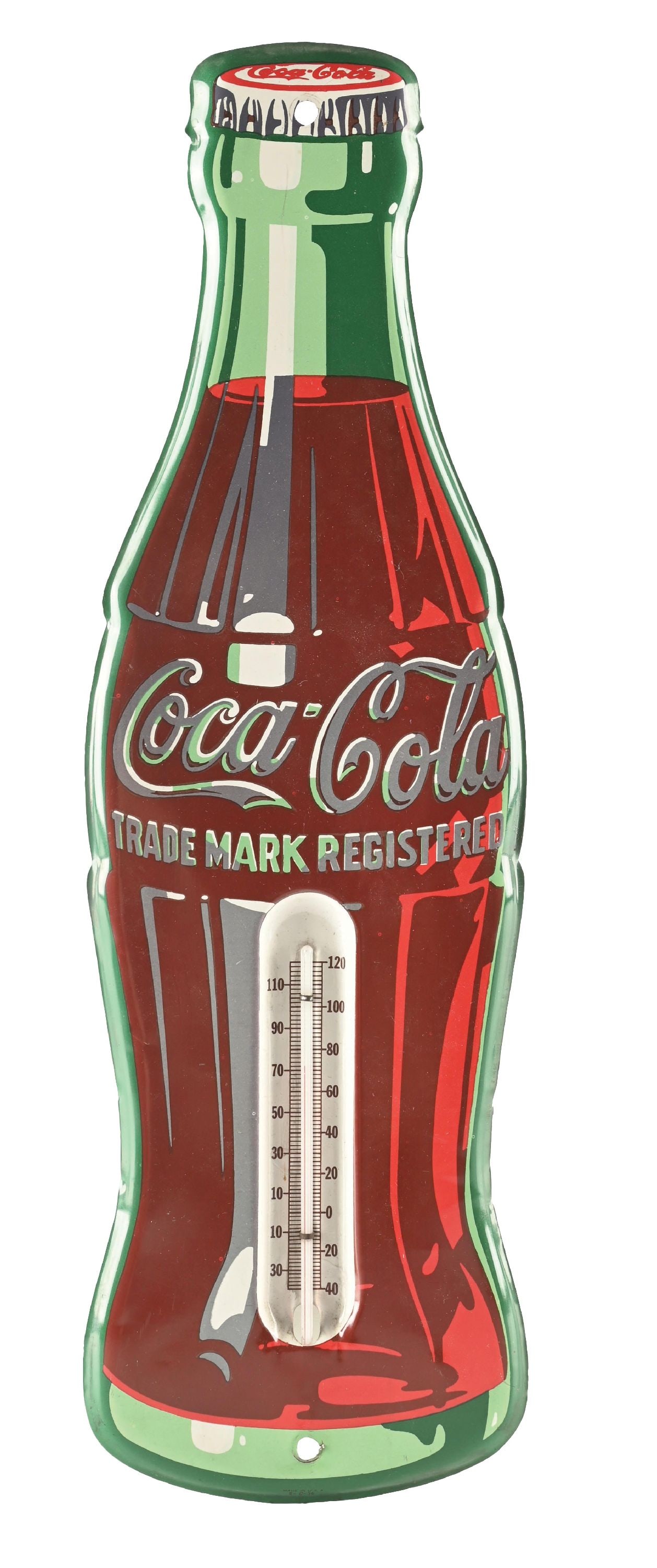 COCA COLA TIN THERMOMETER W/ SELF FRAMED OUTER EDGE. (1 of 2)