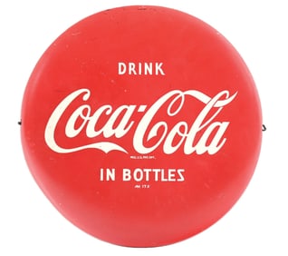 DRINK COCA COLA IN BOTTLES TIN BUTTON SIGN.