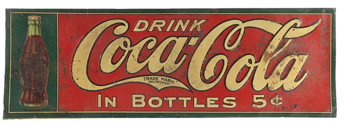 DRINK COCA COLA IN BOTTLES EMBOSSED TIN SIGN.