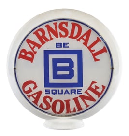 BARNSDALL GASOLINE & SUPER-GAS WITH ETHYL COMPLETE 13.5" GLOBE ON GLASS HULL BODY.