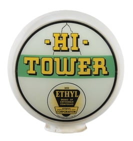 HI-TOWER ETHYL GASOLINE COMPLETE 13.5" GLOBE ON WIDE GLASS BODY.