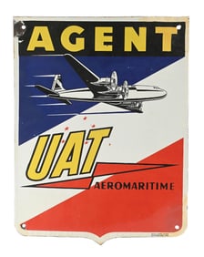 UAT AEROMARITIME AGENT PORCELAIN SIGN W/ AIRPLANE GRAPHIC.