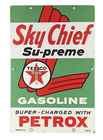 TEXACO SKY CHIEF SU-PREME GASOLINE PORCELAIN PUMP PLATE SIGN.