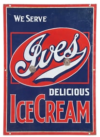 WE SERVE IVES DELICIOUS ICE CREAM PORCELAIN SIGN.