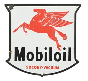 MOBILOIL PORCELAIN OIL BOTTLE RACK SIGN W/ PEGASUS GRAPHIC.