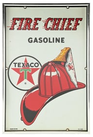 TEXACO FIRE CHIEF GASOLINE FRAMED PORCELAIN PUMP PLATE SIGN.
