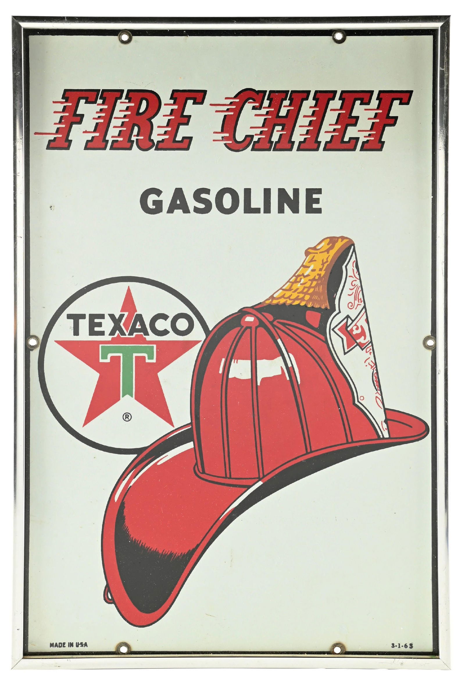 TEXACO FIRE CHIEF GASOLINE FRAMED PORCELAIN PUMP PLATE SIGN.: SSP. c. 1963. CONDITION: Texaco Fire Chief Gasoline porcelain pump plate sign featuring the classic red fire helmet graphic with Texaco star emblem at left. The sign retains excellent color and gloss