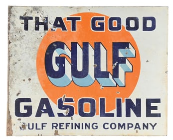THAT GOOD GULF GASOLINE PORCELAIN FLANGE SIGN.