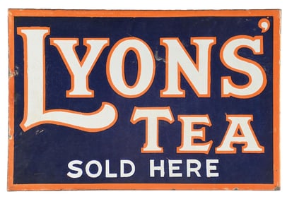 LYONS TEA SOLD HERE PORCELAIN FLANGE SIGN.