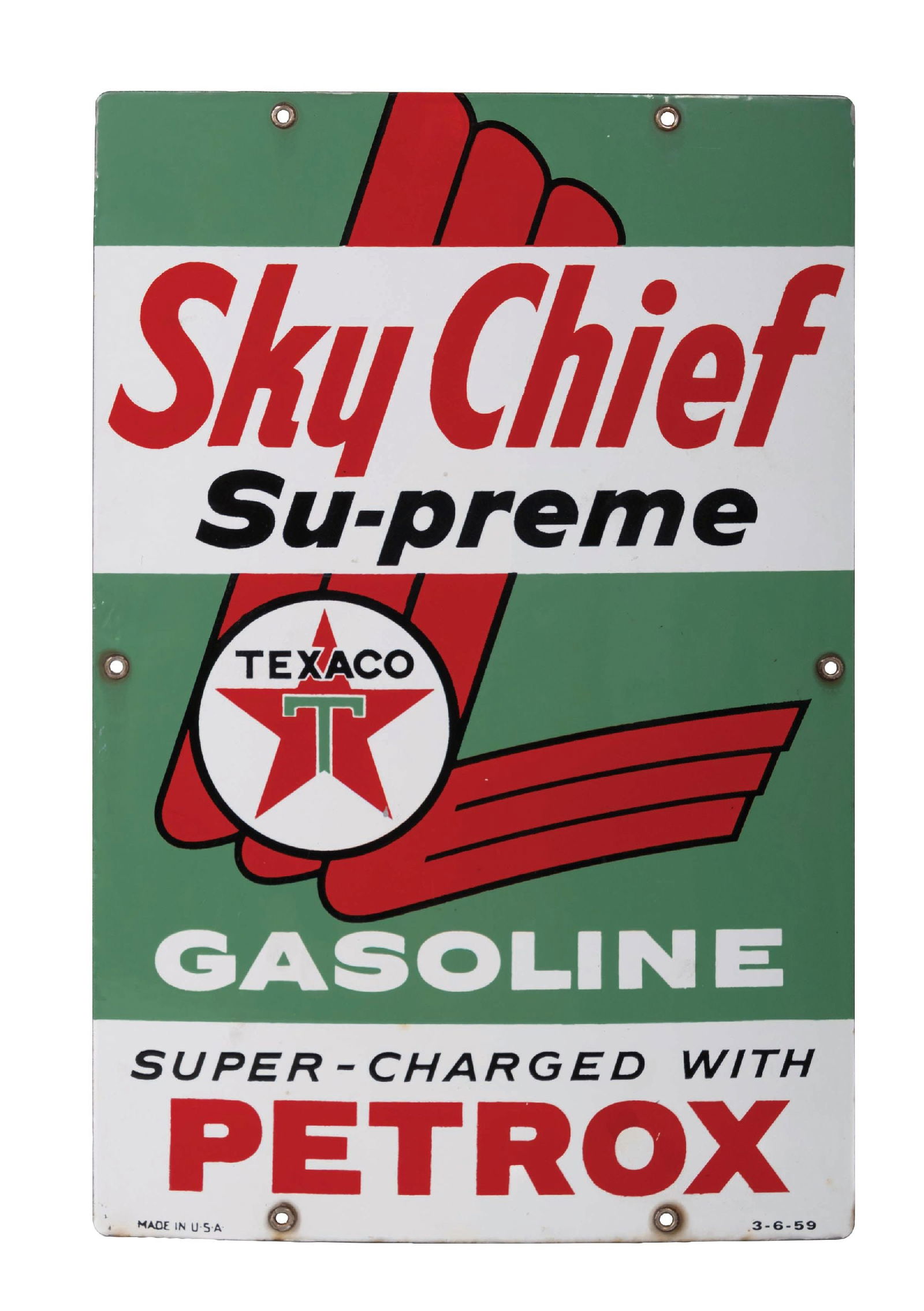 TEXACO SKY CHIEF SU-PREME GASOLINE SUPER-CHARGED W/ PETROX PUMP PLATE (1 of 3)