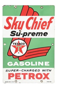 TEXACO SU-PREME GASOLINE SUPERCHARGED WITH PETROX PORCELAIN PUMP PLATE.