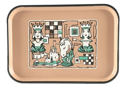INGRAM RICHARDSON PORCELAIN ENAMEL TRAY WITH CHESS GRAPHIC.