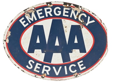 AUTO CLUB EMERGENCY SERVICE PORCELAIN SIGN W/ HAND PAINTED GARAGE PARKING PAINT OVER.
