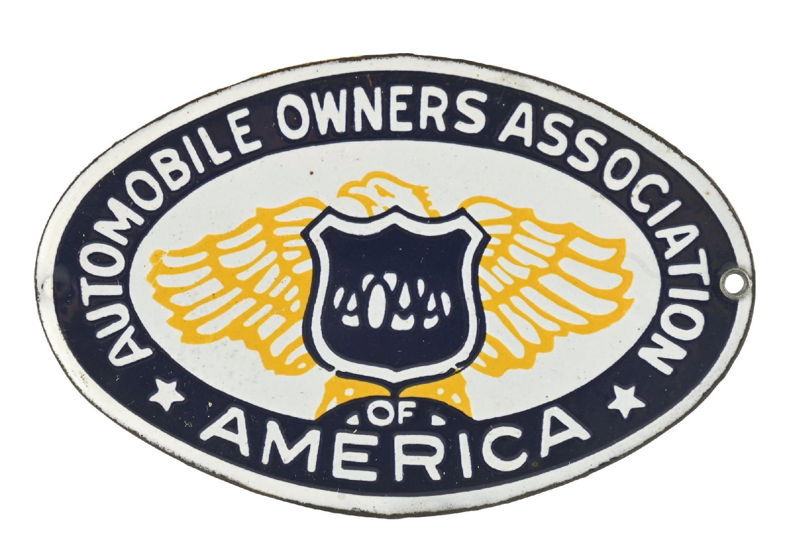 AUTOMOBILE OWNERS ASSOCIATION OF AMERICA PORCELAIN RADIATOR BADGE.: SSP. C. 1920s. CONDITION: Brilliant color and gloss, most likely NOS, showing no notable filed wear with excellent outer edges. Sign shows a factory flaw with the left mounting hole remaining unpunche