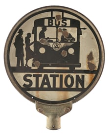 BUS STATION PORCELAIN SIGN W/ ORIGINAL METAL FRAME.