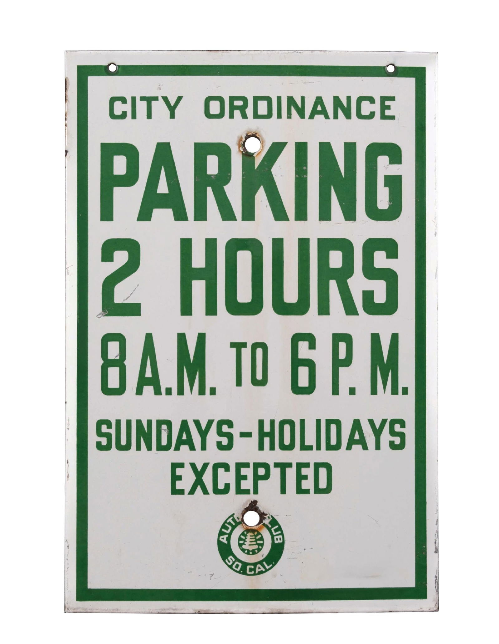 AUTO CLUB OF SOUTHERN CALIFORNIA CITY ORDINANCE PARKING 2 HOURS PORCELAIN SIGN. (1 of 2)