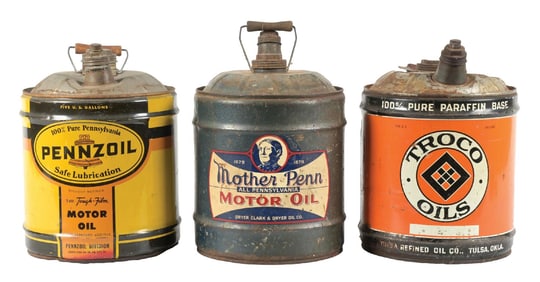 COLLECTION OF 3: FIVE GALLON MOTOR OIL CANS.