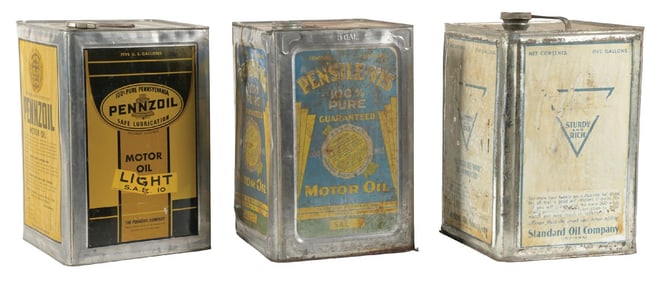 COLLECTION OF 3: 5 GALLON SQUARE MOTOR OIL CANS.
