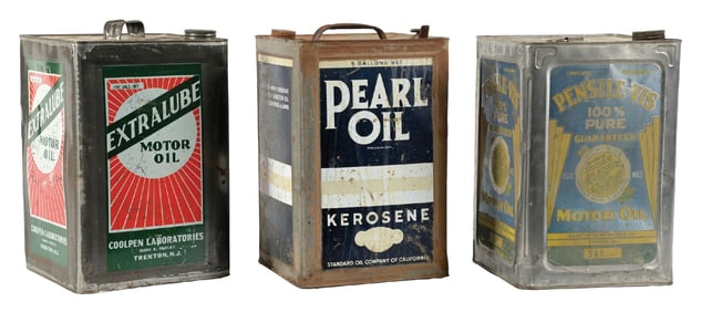 COLLECTION OF 3: 5 GALLON SQUARE MOTOR OIL CANS.
