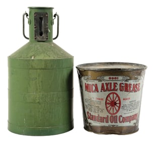 LOT OF 2: STANDARD OIL MICA AXLE GREASE CAN & FIVE GALLON OIL BUCKET.