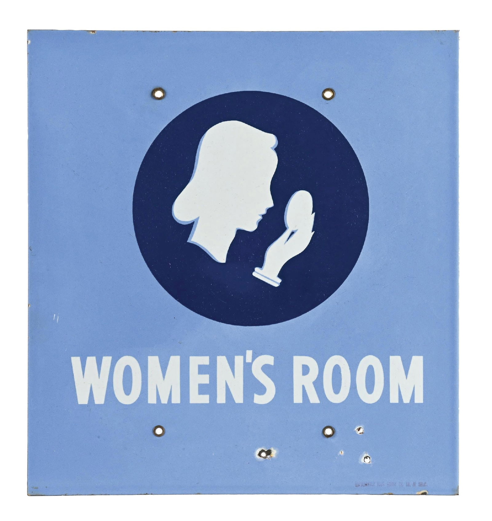 UNION OIL COMPANY WOMEN'S ROOM PORCELAIN SERVICE STATION SIGN.: SSP. C. 1930s. CONDITION: Bright color & gloss with no chipping in the inner field. Three added nail holes in the lower field with light chips along the outer edge. Condition: (7.75). Dimensions: 13" 