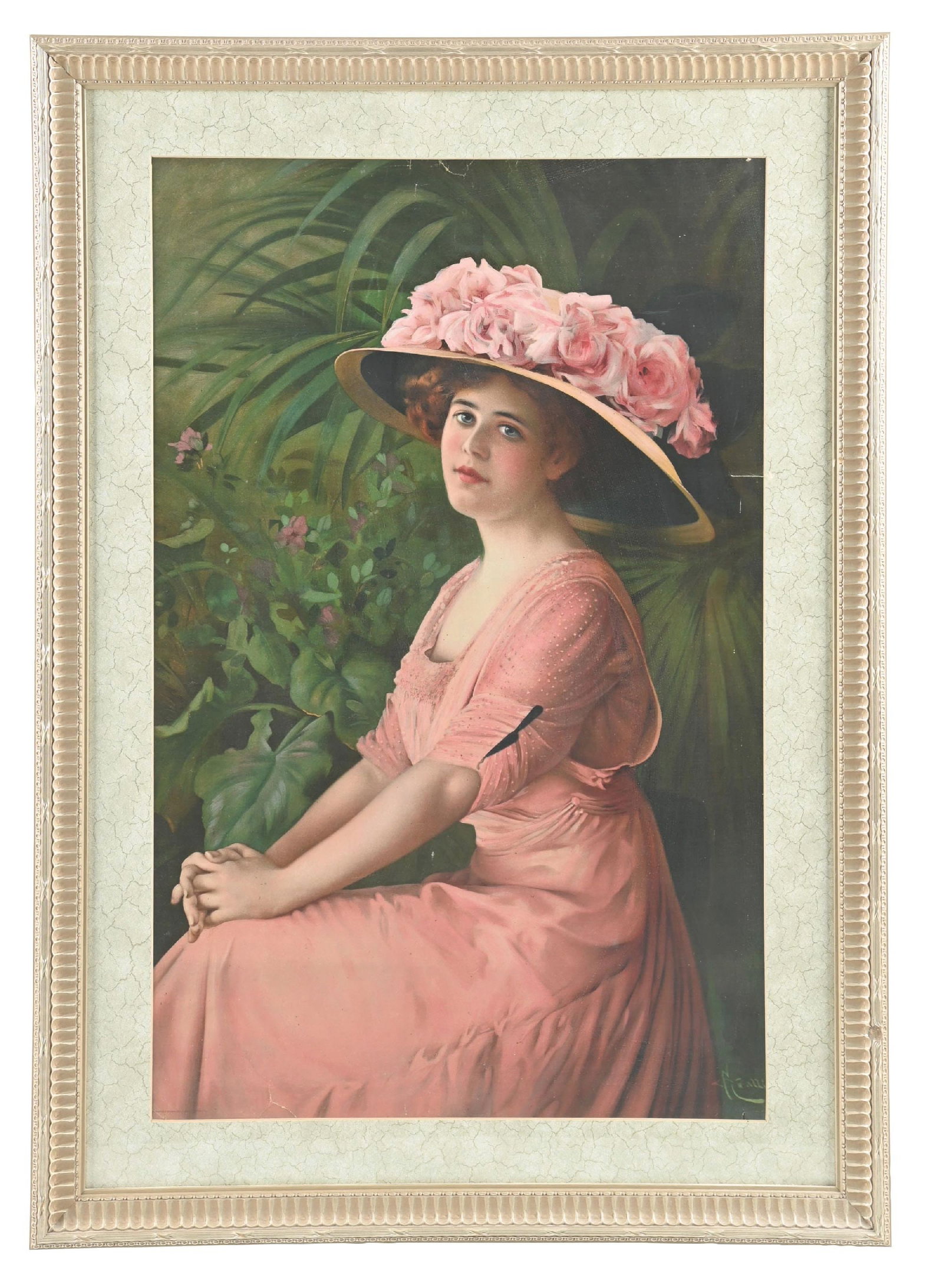 LADY IN PINK SIGN: Maker marked "Parker & Brawner Co. Washington, DC". This c. 1920 single-sided canvas sign features a beautiful woman in pink with a nice foliage background. CONDITION: The sign shows a few dark specks