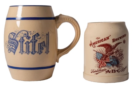 A PAIR OF PRE-PROHIBITION BREWERY MUGS. MULTI-COLORED AMERICAN BREWING AND STIFEL BREWING MUGS